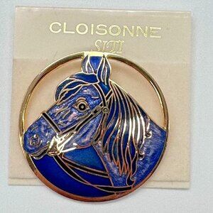 SITI Cloisonne Horse Head 1.5" Circle Brooch Purple Enamel Gold Tone Vintage New